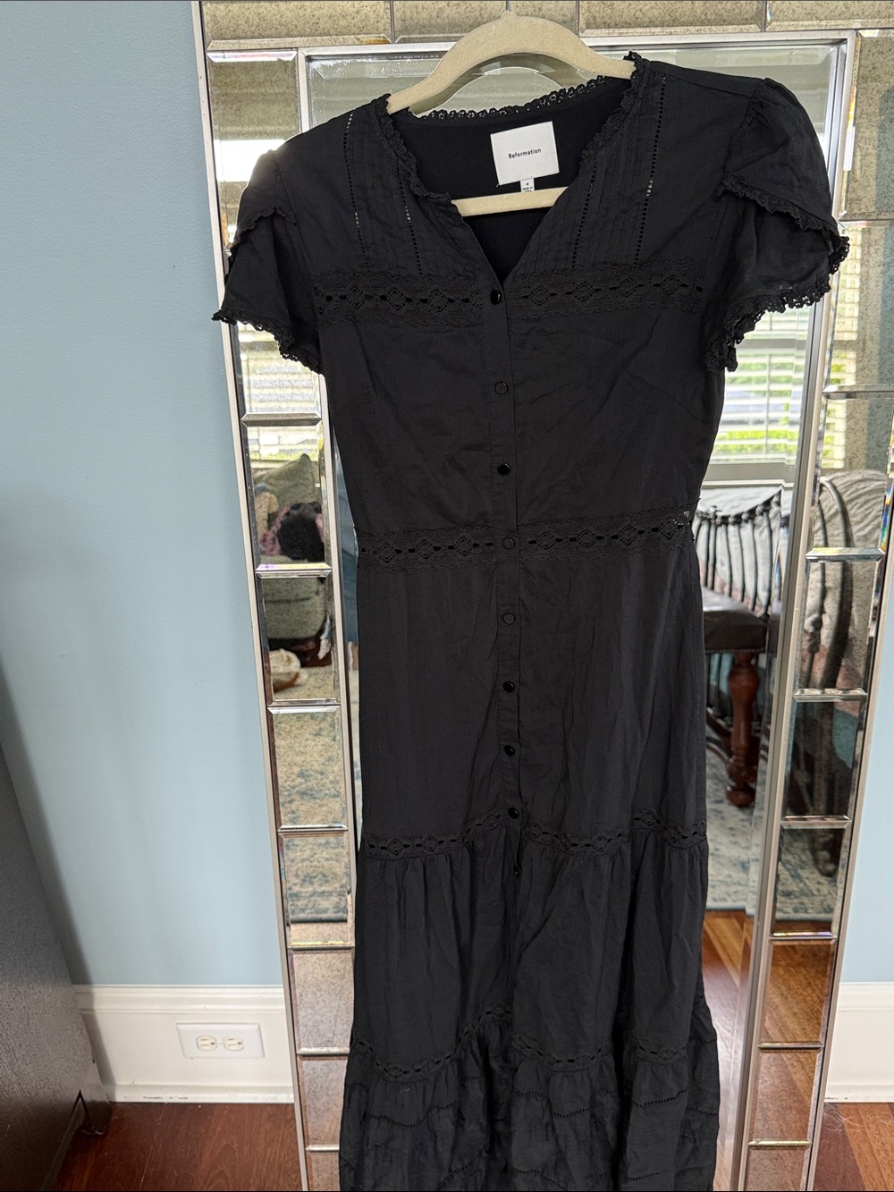 Reformation Woodson Dress Black Lace Trim Tiered Midi Size 4